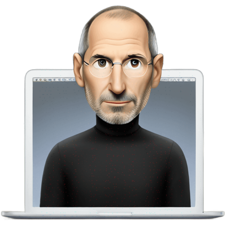 Steve Jobs wearing a black turtleneck using a MacBook. facing forward emoji