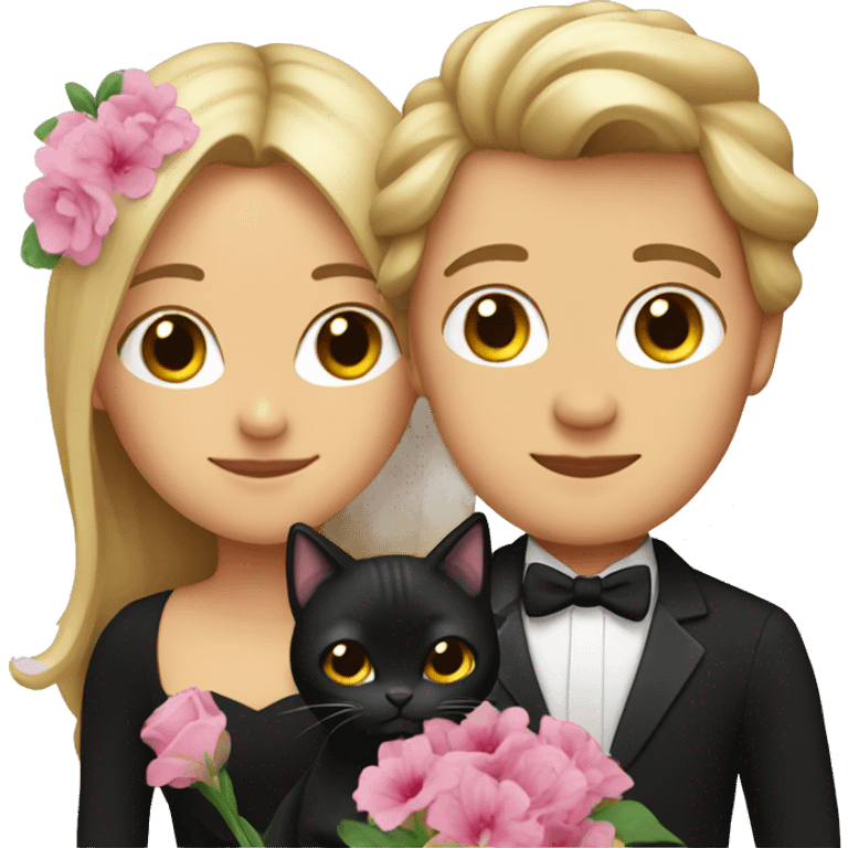 Dark blonde woman with long hair hugging a black tuxedo cat with flowers emoji