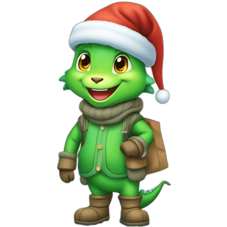 happy little green cartoon dragon of child, in winter, in work pants, in work clothes, in winter boots, in a Santa Claus hat, New Year, with presents emoji