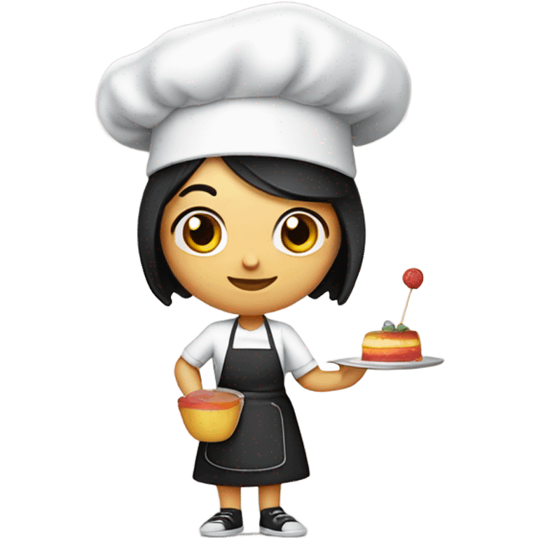 Girl chef with black hair holding a flan in one and and a lollipop in the other with a chef hat emoji