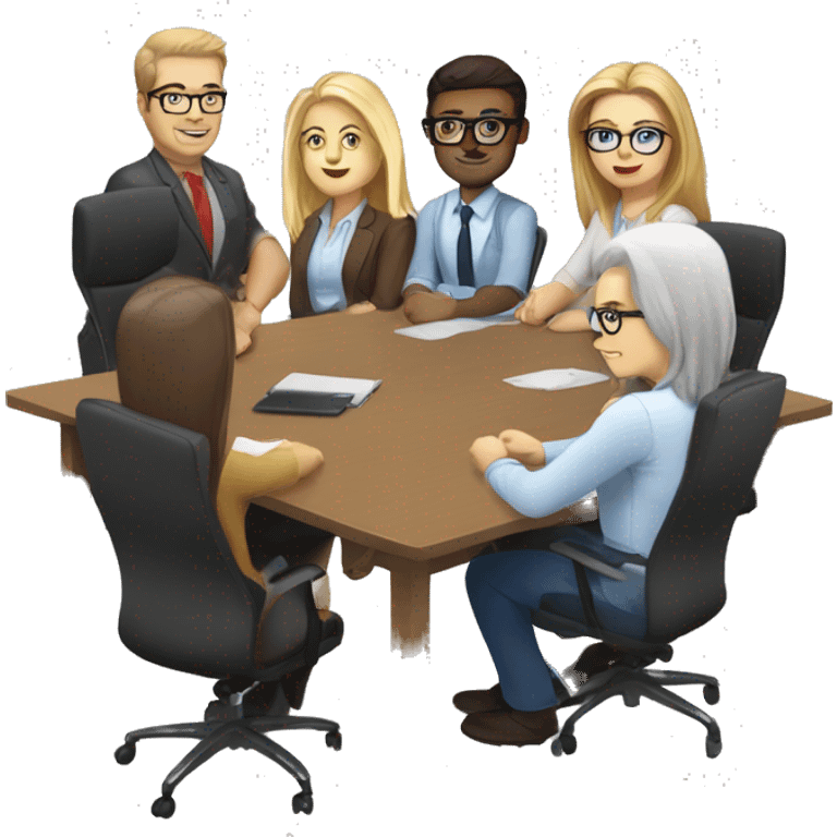 meeting table with 6 people seated two men, both width buzcuts and glases, two blonwimen with long hair, two brownhaired women with long hair and one brown haired woman with short hair emoji