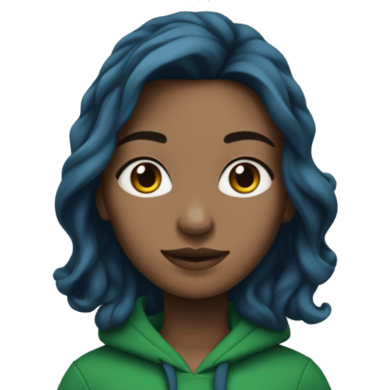 white girl with long wavy dark blue middle parted hair wearing green hoodie emoji