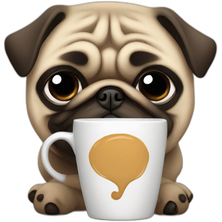 Pug in an important costume with a mug of coffee emoji