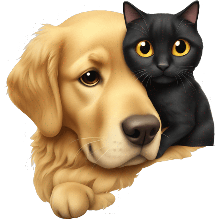 Golden retriever cuddles with a black cat emoji