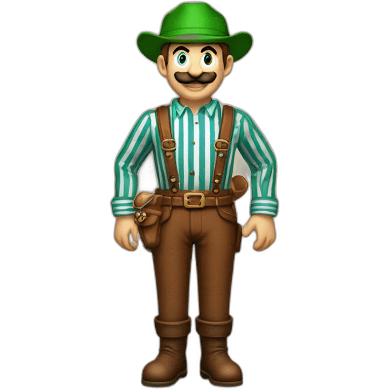 bavarian octoberfest visitor in super mario style. With a green hat, blue and white stripes shirt and brown leather pants.  emoji