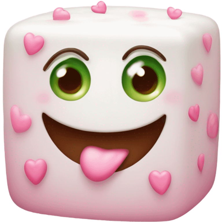 Sugar cube with granulated texture, pink hearts, blushing smile, green and brown eyes with lashes emoji