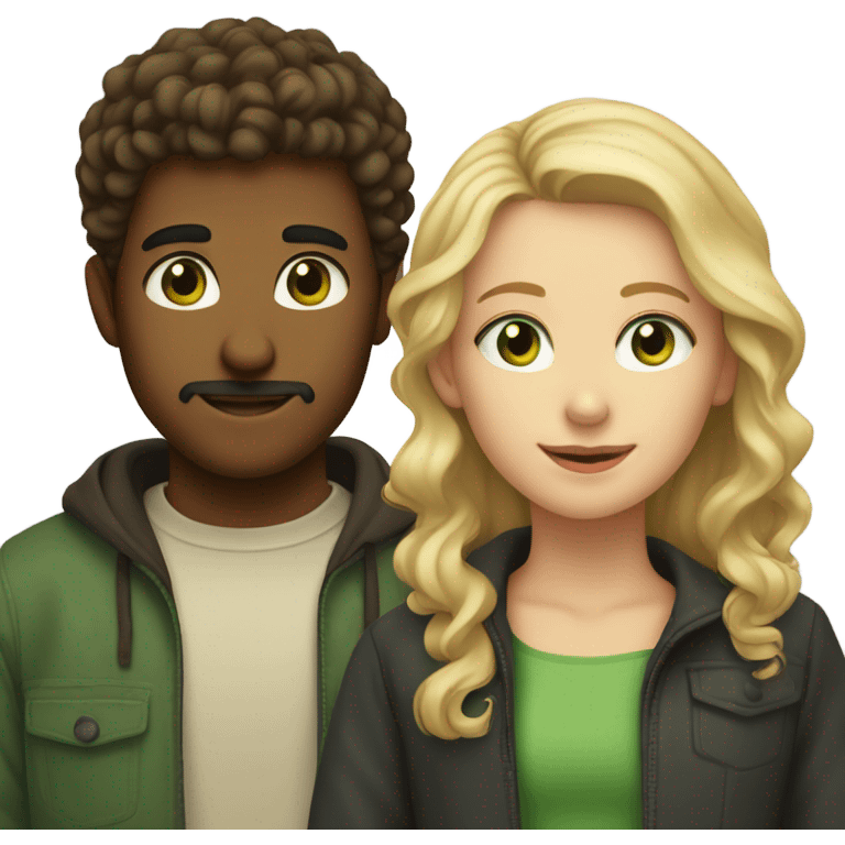 brown haired boy with brown eyes and facial hair and a blonde girl with curly hair and green eyes  emoji