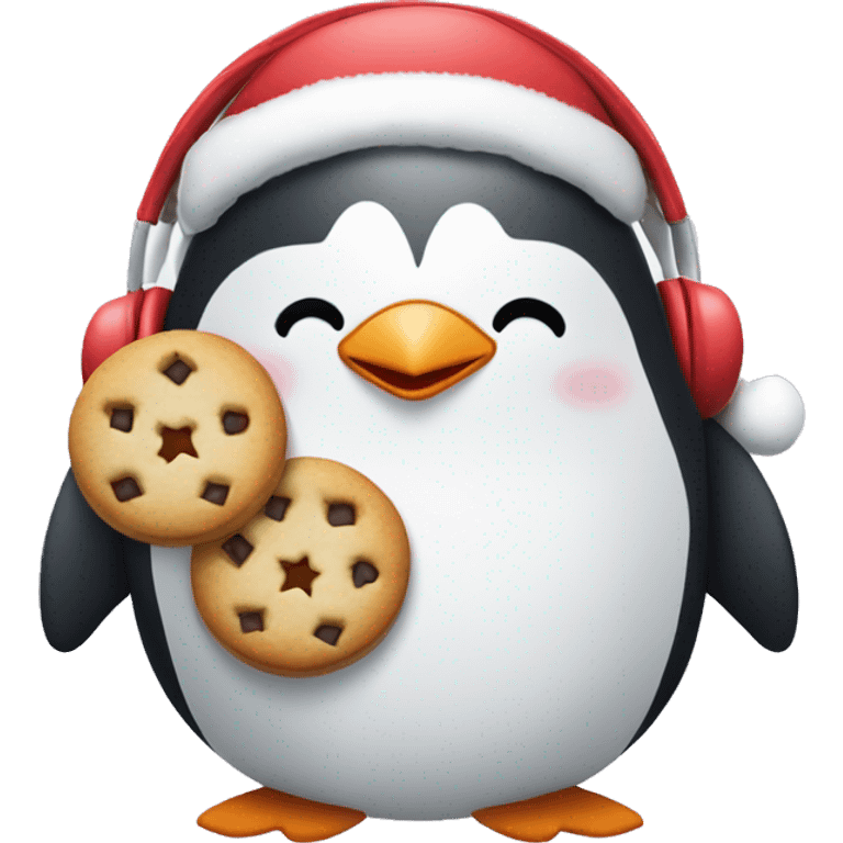 Penguin holding Christmas cookies with earmuffs  emoji