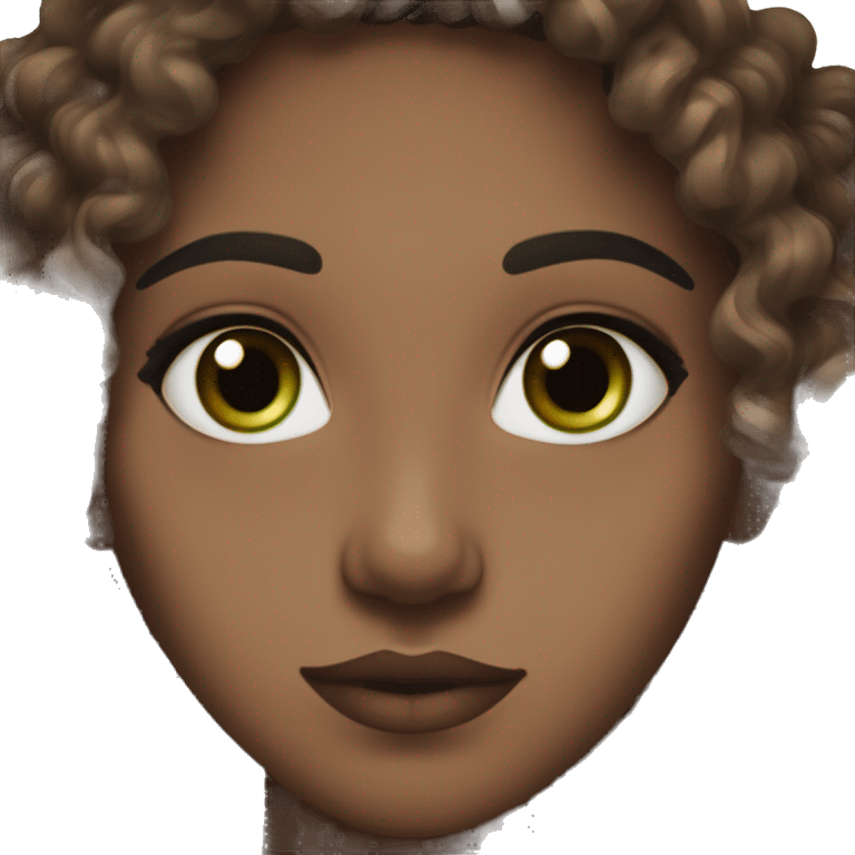 curly hair dark brown, brown eyes with a hint of green, eyes negative canthal tilt ,medium thick shaped eyebrows in dark brown, and thin lips emoji