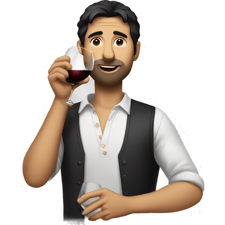 Dark hair guy drinking wine and eating emoji