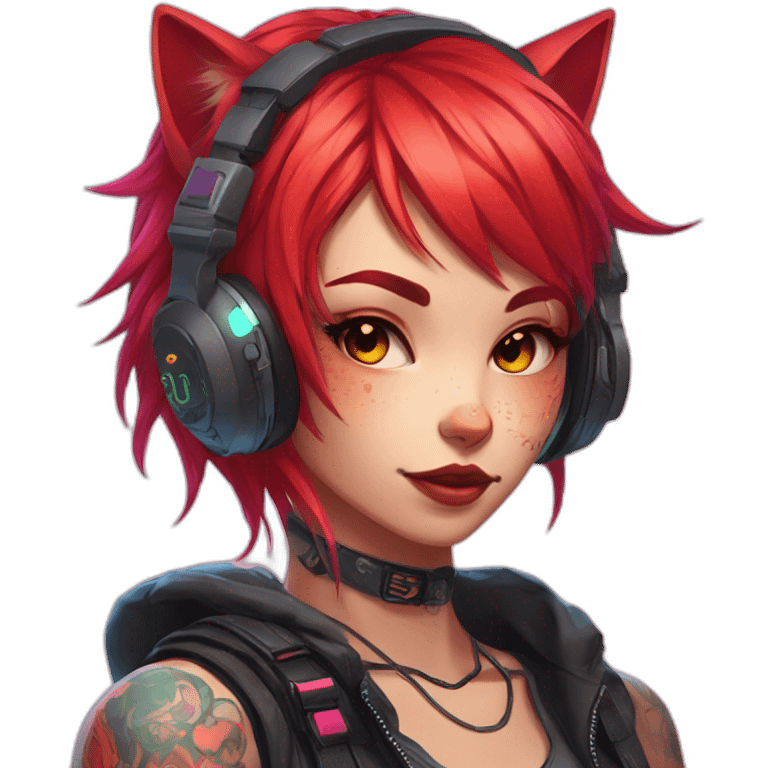 Anime cat gamer girl cyberpunk neon red hair tattoo emoji