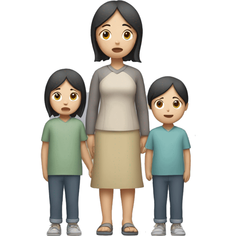 asian sad mum holding two kids, full body standing emoji