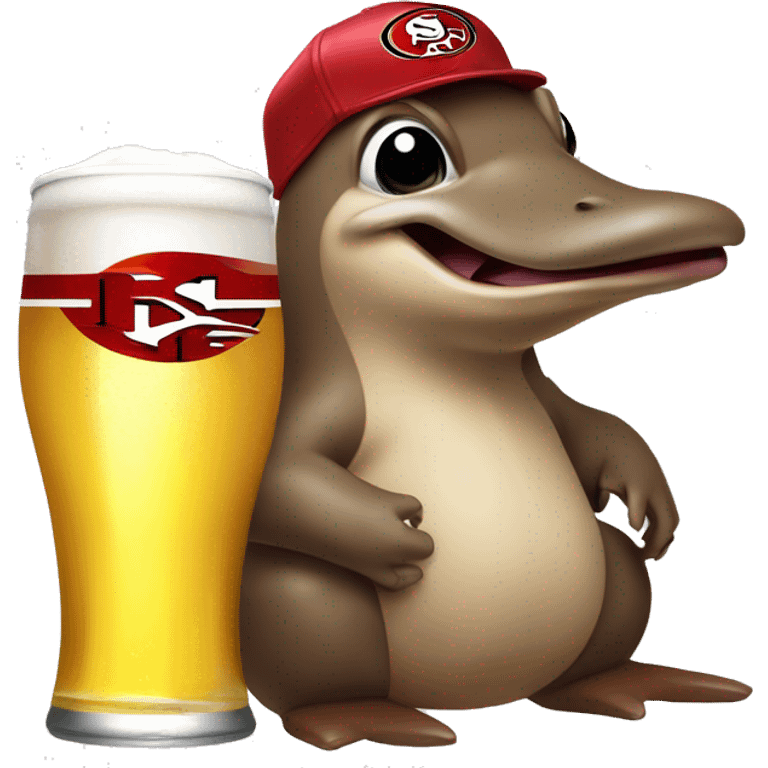 platypus in a 49ers cap holding a white beer can that says “happy dad” emoji