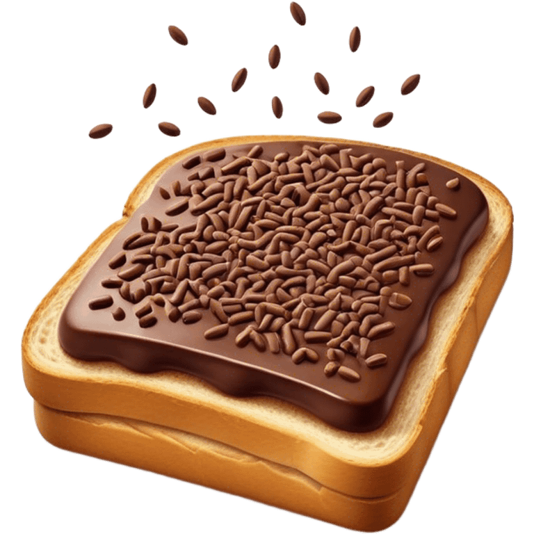 Hagelslag Cinematic Realistic Hagelslag Treat Emoji, depicted as crunchy chocolate sprinkles scattered on a slice of buttered bread, rendered with vivid textures and playful, inviting lighting. emoji