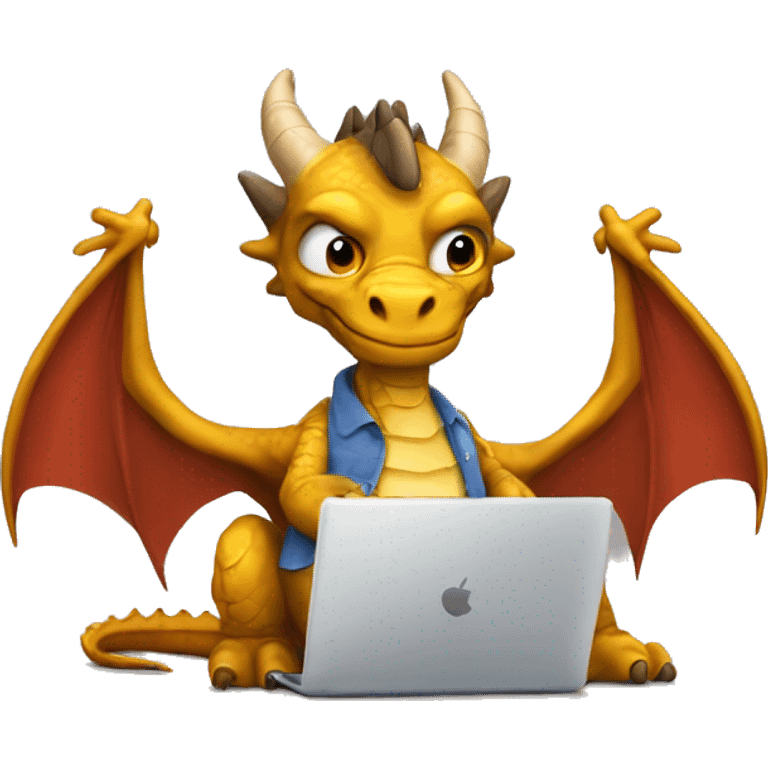 dragon with wings, working on a laptop, wearing a shirt with the words hump day on it, with a cup of coffee in his right hand emoji