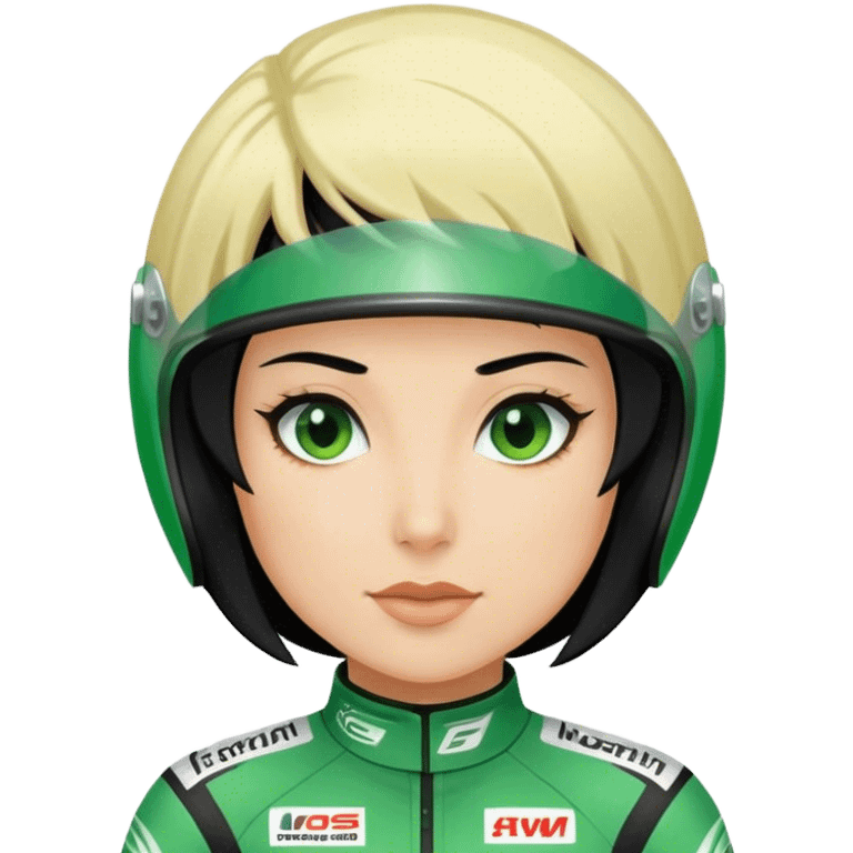 black hair blond skin woman in green racing suit emoji