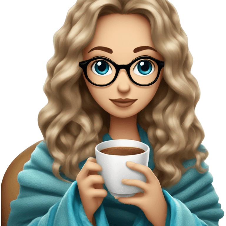 Balayage hair Girl drinking coffee, with a cozy blanket wearing glasses with blue eyes beautiful  emoji