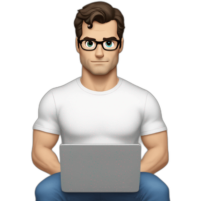 henry cavill clark kent wearing white t-shirt using a laptop front view emoji