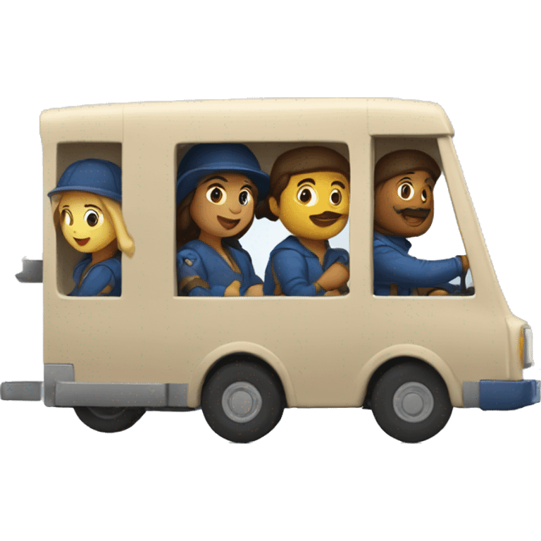 musketeers driving mail truck, 1 male & 2 females emoji