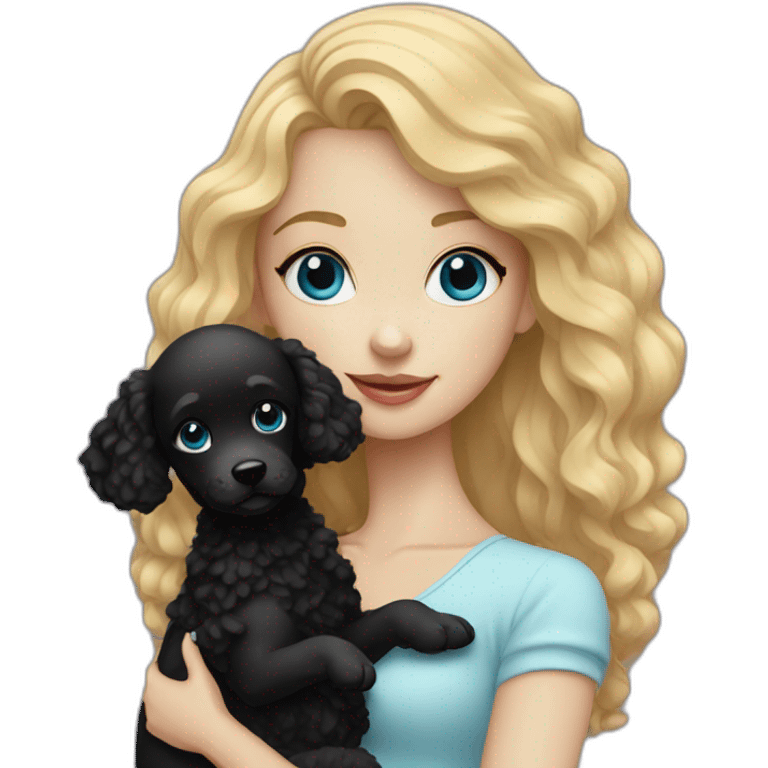 blonde girl with blue eyes holding black puppy poodle emoji