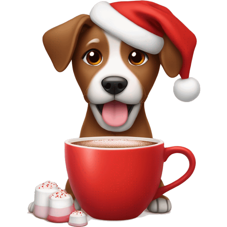 A cute brown dog drinking a hot chocolate with marshmallow and wearing red Christmas hat emoji