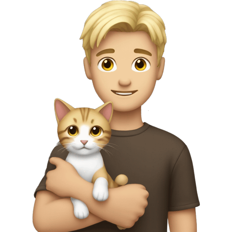 young beautiful guy with blonde hair and brown little cat in his hands  emoji