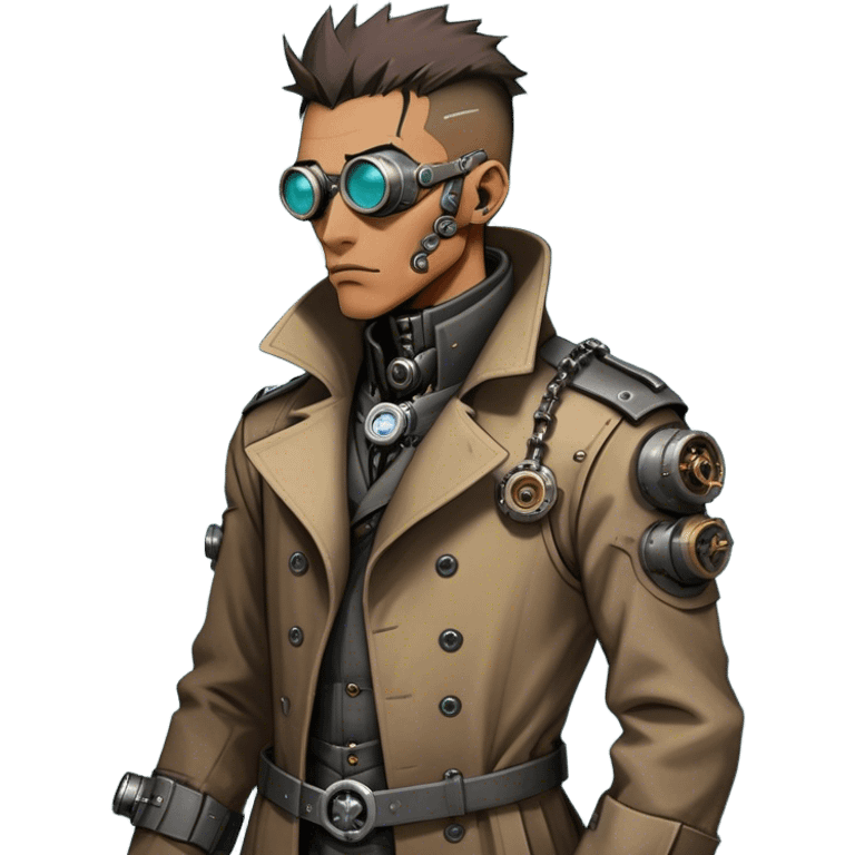 Cartoonish, rough, and battle-worn, cyber-steampunk Dr. Numen Oppen's side-view mug shot showcases his rugged trench coat, exposed mechanical joints, and worn cybernetic enhancements, blending steampunk grit with cyberpunk tech. emoji