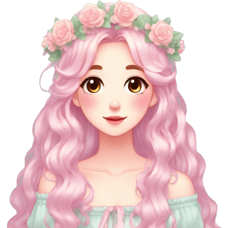 Shiny Gorgeous Pastel Anime Lady with blushing face and pretty hair with a flower crown pastelcore kawaii cottagecore fairycore aesthetic trending style emoji