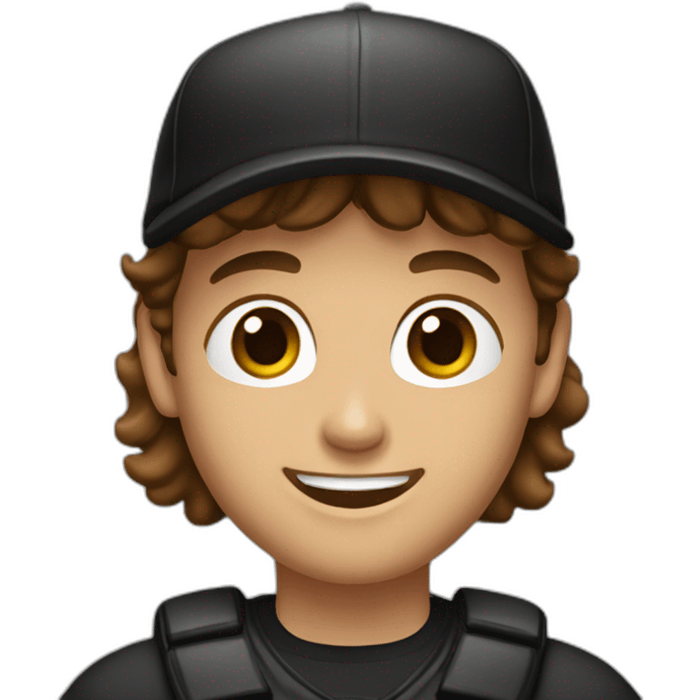 Lady brown haired man, light stubble with black baseball cap, happy emoji