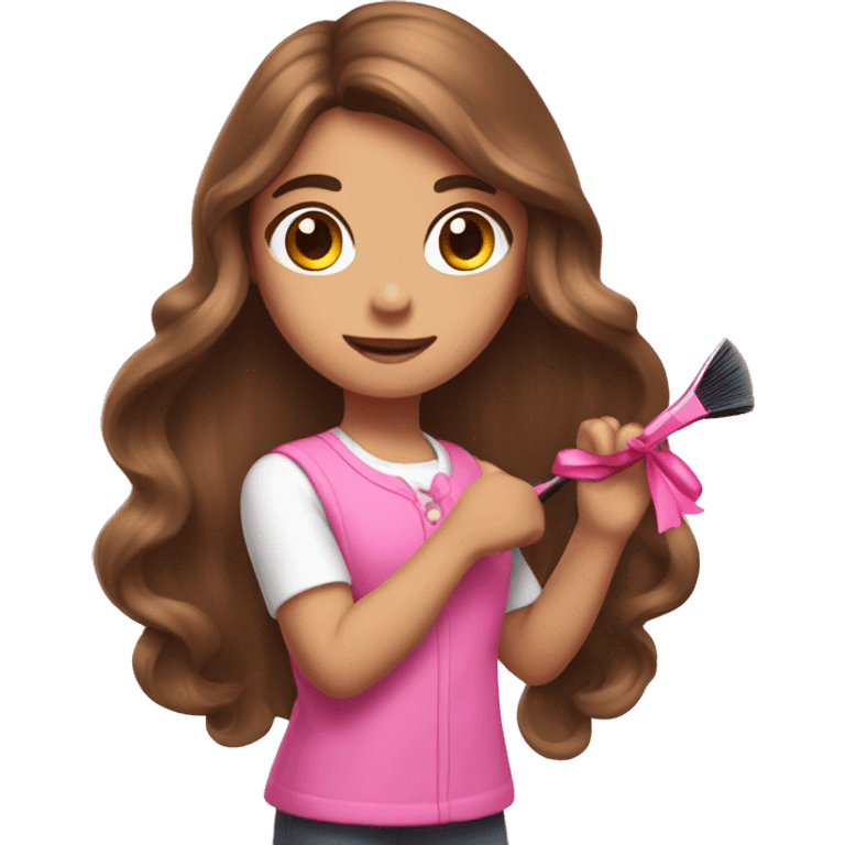 a girl with long brown hair brushing her hair with a pink brush and a pink bow on her hair emoji