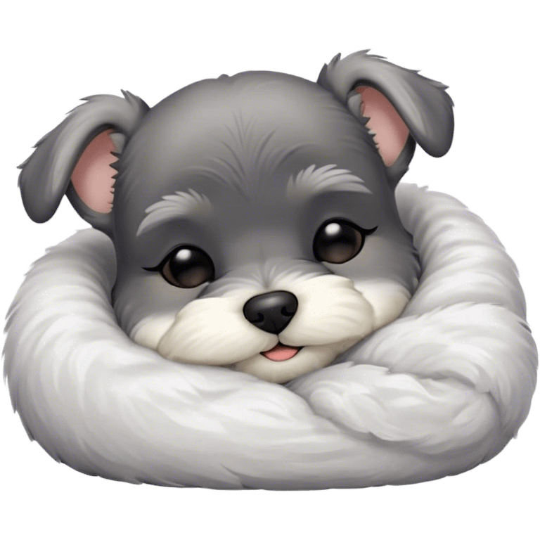 Meme-Worthy Cute Sleeping Miniature Schnauzer Portrait Emoji, Head gently tilted in a relaxed, blissful slumber with a soft, contented smile and eyes tenderly closed, featuring a neat salt-and-pepper fur with charming, relaxed features, simplified yet irresistibly endearing, highly detailed, glowing with a soft, cozy radiance, high shine, exuding gentle, heartwarming charm, styled with a soft glowing outline, capturing the essence of a sleeping Miniature Schnauzer that looks perfectly poised to become a viral icon of adorable rest! emoji