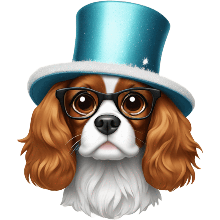 Cavalier King Charles spaniel in New Year's Eve hat and glasses  emoji