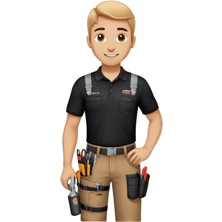 A skilled building technician with a friendly smile. He wears a black polo shirt with a company logo and dark work pants equipped with tool holsters. Holding a diagnostic tool and cables, he appears focused and professional, ready for maintenance or repair tasks. emoji