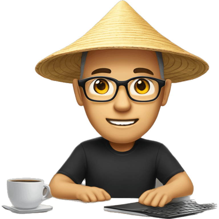 A memoji-style man, wear nearsighted glasses, a traditional Vietnamese conical hat , black shirt, sitting at a desk, a cup of coffee on desk, typing on keyboard, laptop with a logo styled as '</>' in front front emoji