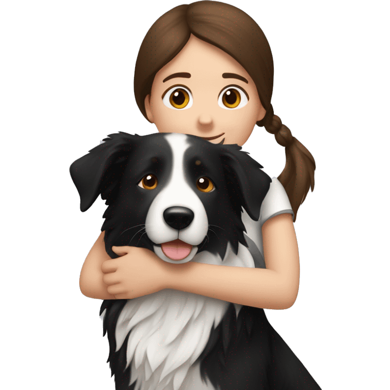 Brown haired girl hugging a black and white border collie emoji