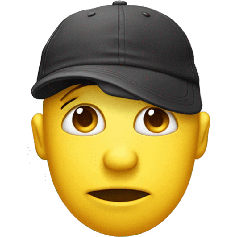 yellow face emoji with back words hat, biting lip, pinching chin with thumb and pointer finger, eye brows raised, and eyes are squinting a emoji