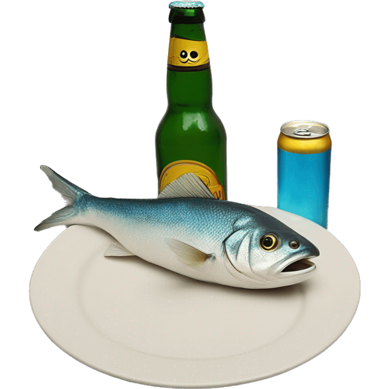 A fish on a plate next to two bottles of beer ￼ emoji