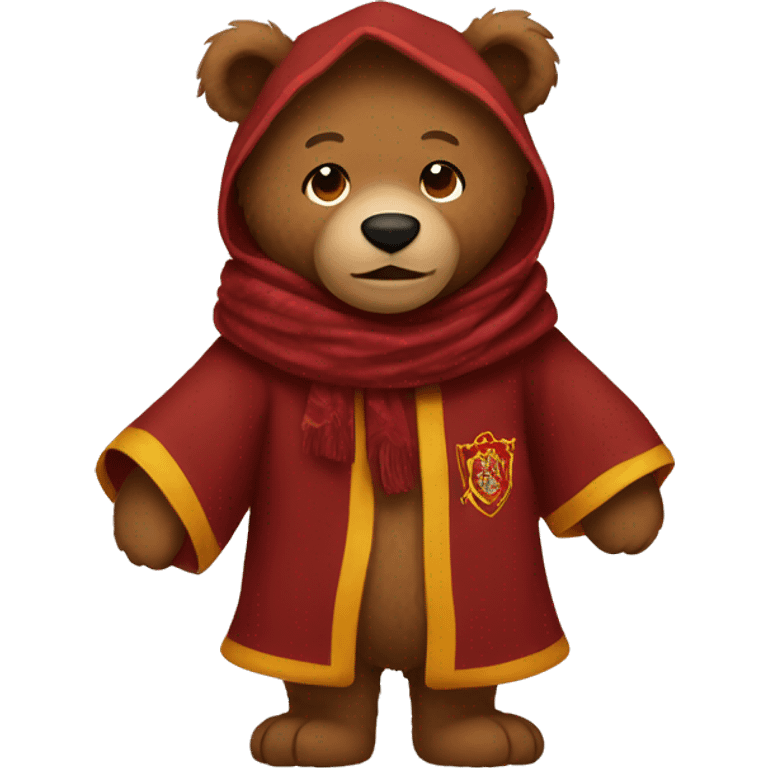 Brown stuffed animal bear wearing gryffindor robe and scarf emoji