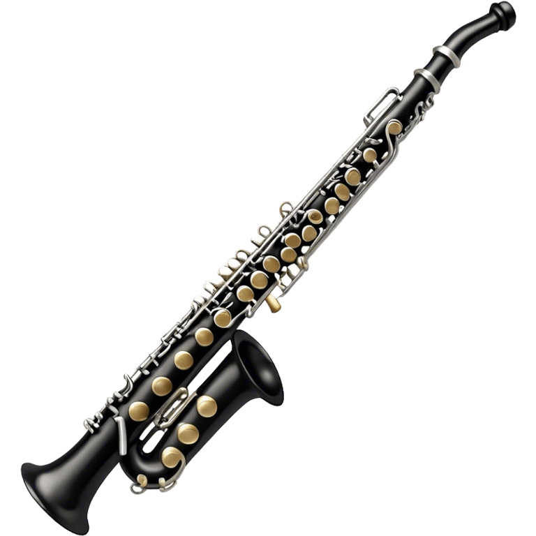 Create an elegant and detailed emoji representing a clarinet. The design should feature the sleek, black wood finish of the clarinet with its shiny metal keys clearly visible. Highlight the intricate details, such as the bell at the end and the carefully crafted mouthpiece with the reed. Use black wood tones for the body of the instrument and silver or brass accents for the keys. Add subtle musical notes or soundwaves floating around the instrument to evoke the smooth, melodic sound of the clarinet. The background should be transparent. emoji