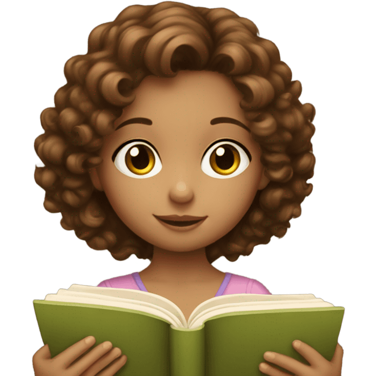 Little girl with brown curly hair reading a book emoji