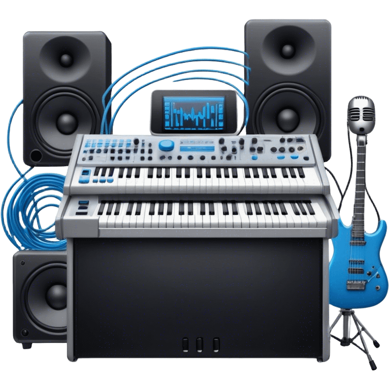 Create a professional and detailed emoji that represents sound design. The design should feature a high-end studio synthesizer (like the Korg), a sound mixing console with visible wires, large studio speakers, and a microphone to symbolize the essential equipment in sound design. Add musical note waves flowing around the equipment to emphasize the connection between sound creation and musical composition. Use sleek, modern colors like black, silver, and neon blue to represent the professional and futuristic nature of sound design. The background should be transparent. emoji