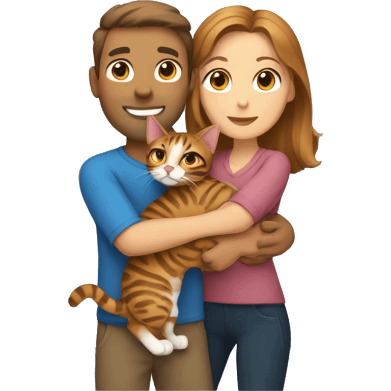 A man hugs a brown-haired woman and a bengal cat emoji