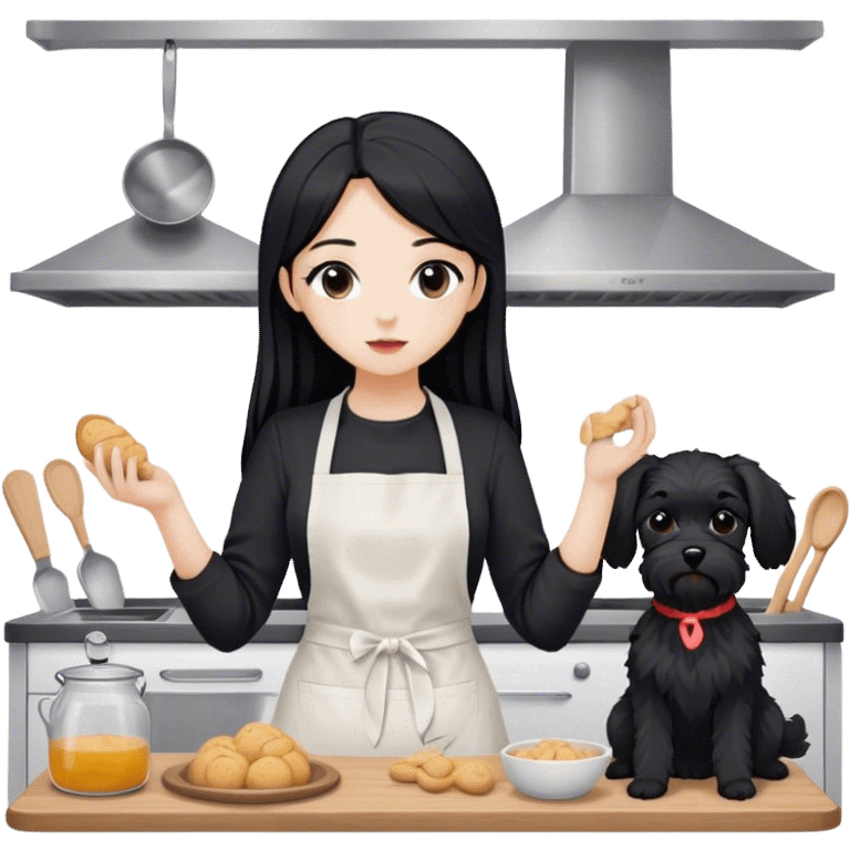 pale girl with long black hair wearing black long sleeve tshirt wearing apron and baking treats holding black floppy ear schnauzer no tail emoji