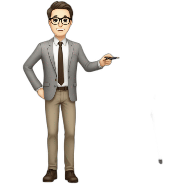 Pale skinned fit man with dark brown hair in gray jacket, beige office shirt, brown tie, brown pants and vintage glasses Writing text on a marker board emoji