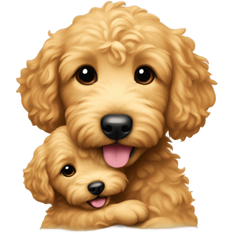 Mini golden doodle holding a baby emoji