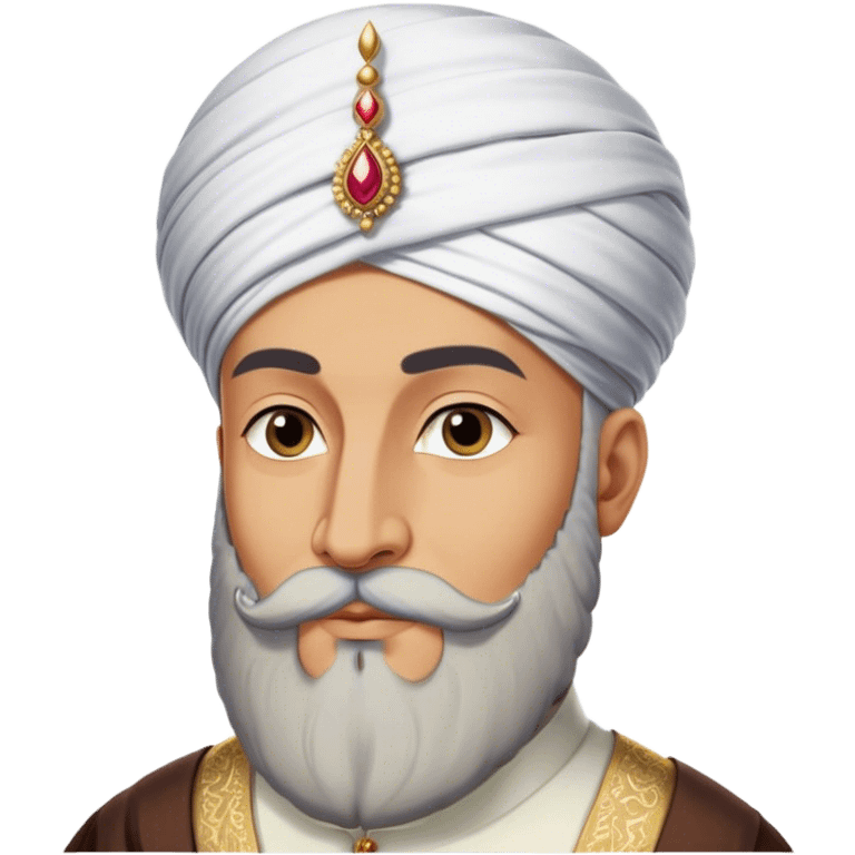 ​Cinematic Realistic Portrait of Suleiman the Magnificent, depicted as a regal Ottoman sultan adorned with a large, white, round, tall turban and a majestic grey beard, his commanding gaze bathed in warm, historic lighting that exudes timeless authority and grandeur, emoji