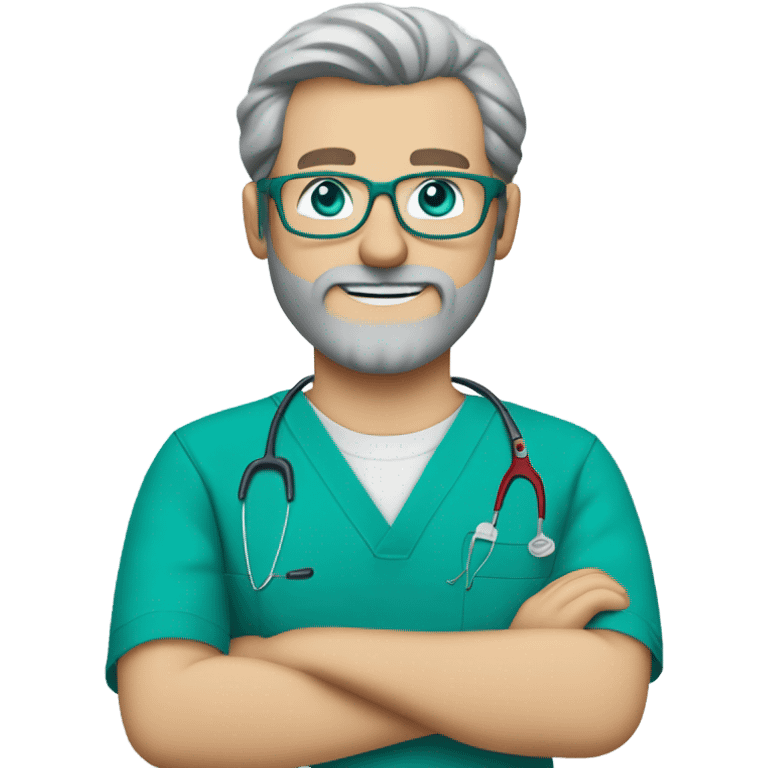 male dark blond with grey beard doctor with blue-green eyes and wire-rimmed glasses in teal scrubs holding a paintbrush and a jigsaw emoji