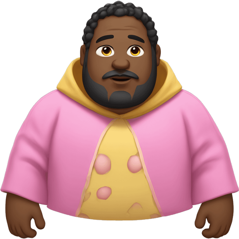 fat man with big huge hairy ears wearing pink poncho, EYES need to be CLOSED SHUT, big lips with visible yellow teeth, duble chin and with a potato nose, white skin color with messy black hair emoji