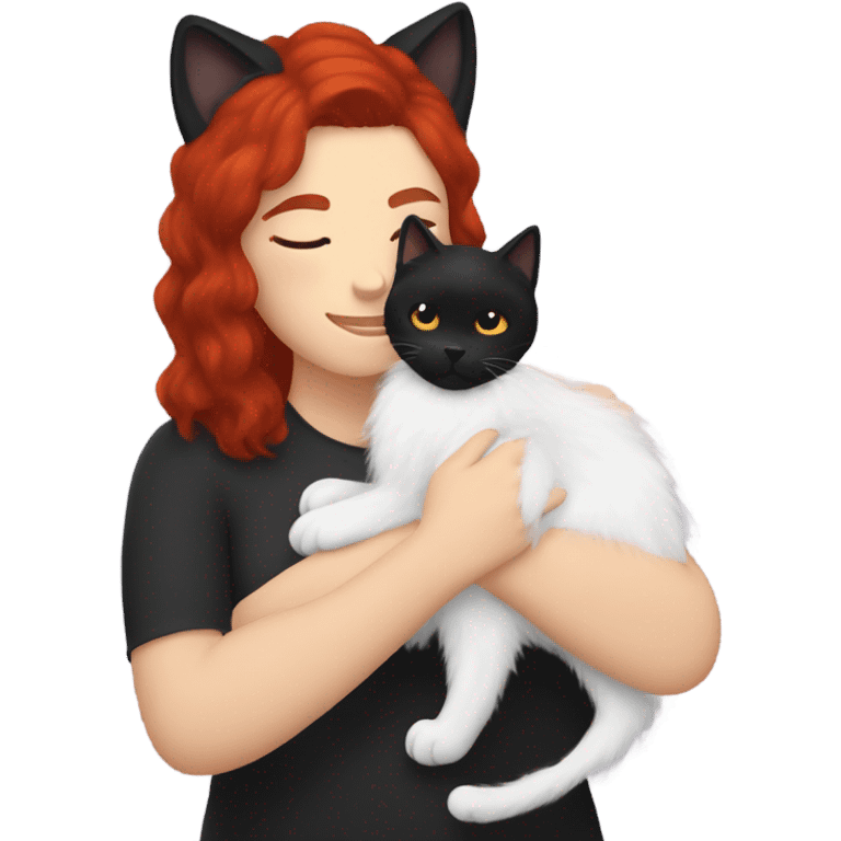 black fluffy cat and white woman with red hair cuddling emoji