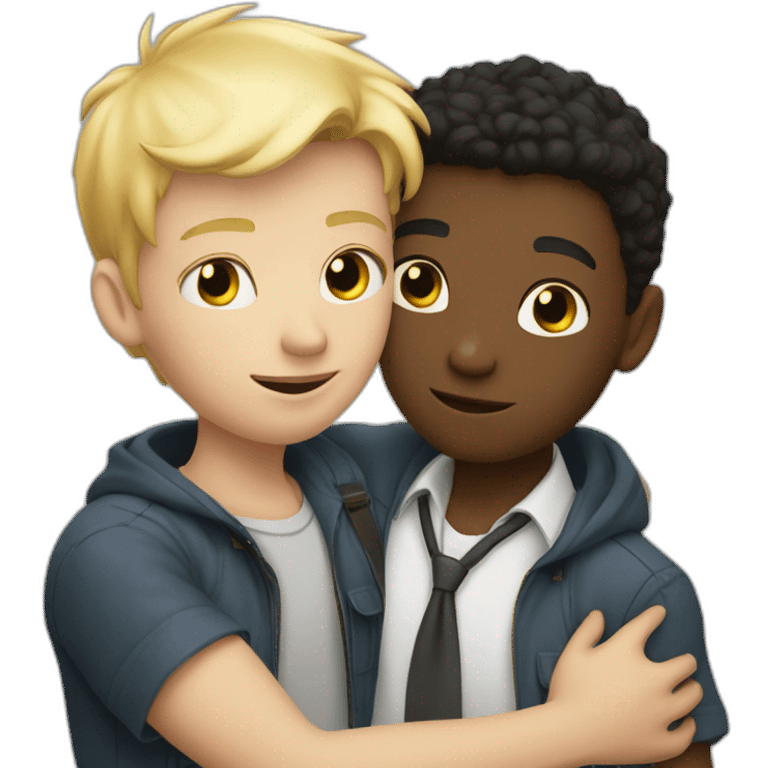 Two Boy detectives hug one blond with white skin and one African  black emoji